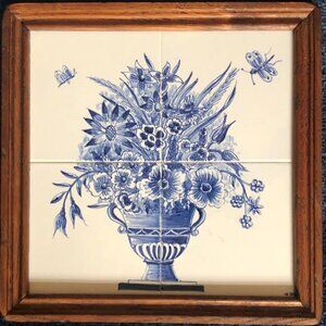 Delft Blue 4 Tile Tableau of "Flowers In Vase" Framed Tiles by WestRaven